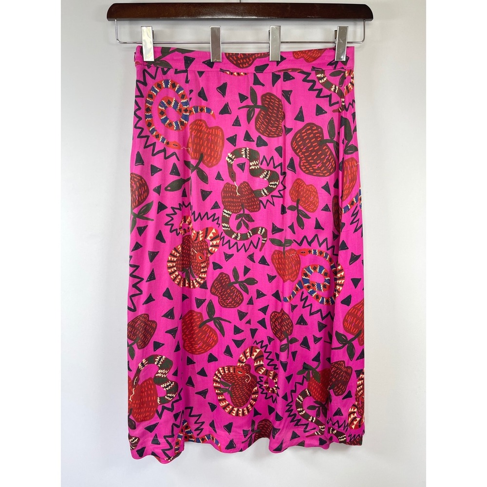 Farm Rio Snake Apple Print Midi Skirt L Pink Boho Eclectic Maximalist Tropical - Picture 7 of 13